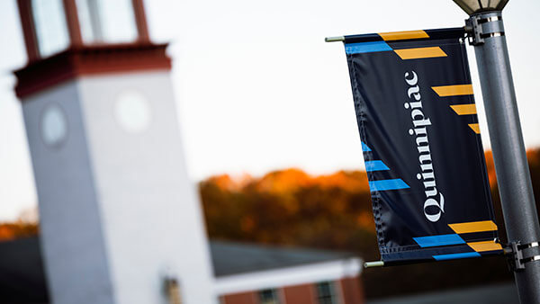 Light pole with Quinnipiac flag on it in front of the Arnold Bernhard Library.