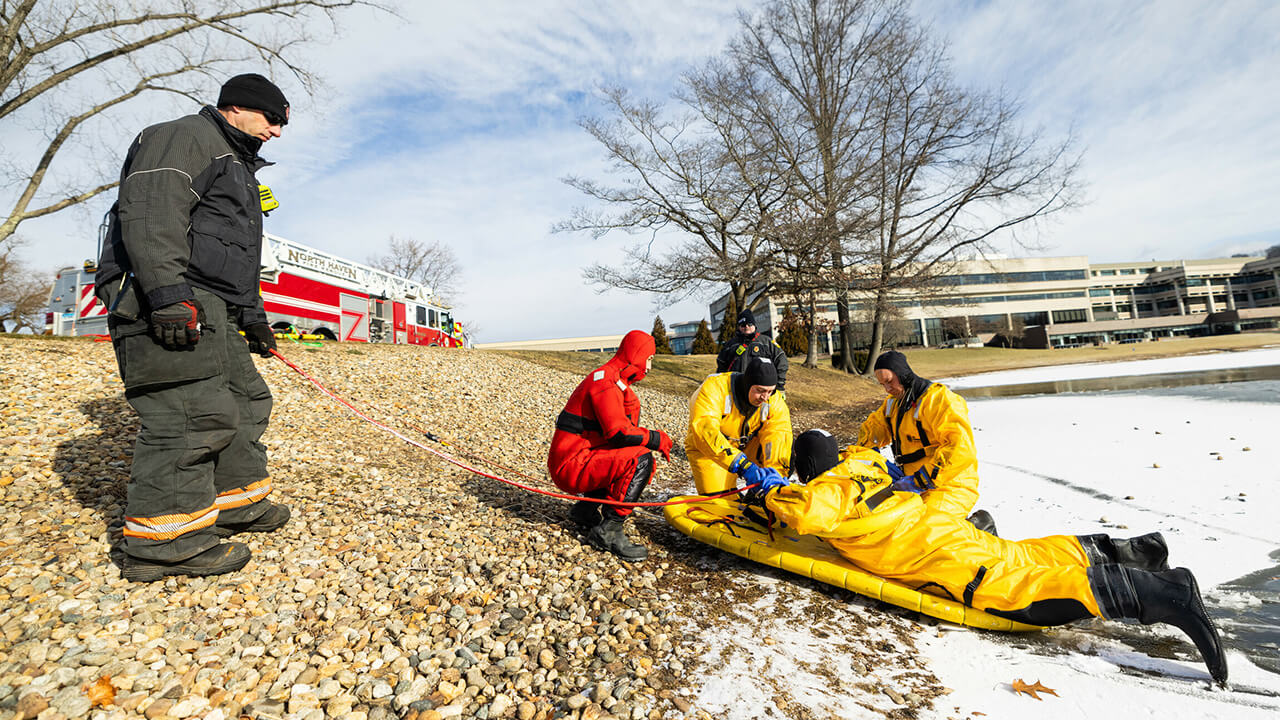 North Haven Fire Department officials practice a pond rescue on our North Haven Campus.