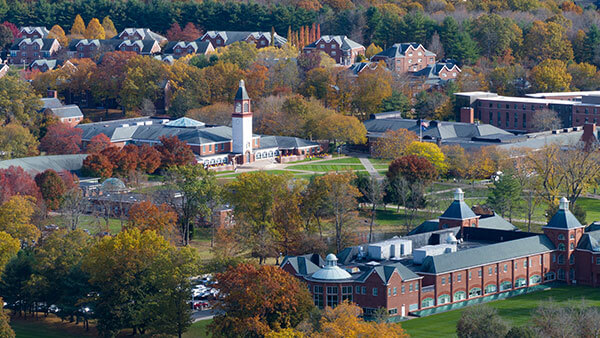 An aerial view of Quinnipiac's Mount Carmel Campus in the fall.