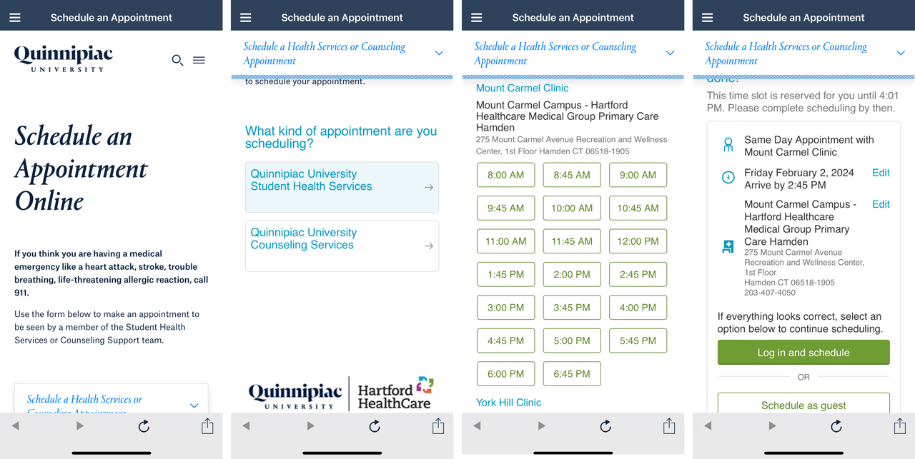 Screen captures of scheduling a health services appointment on the Quinnipiac app