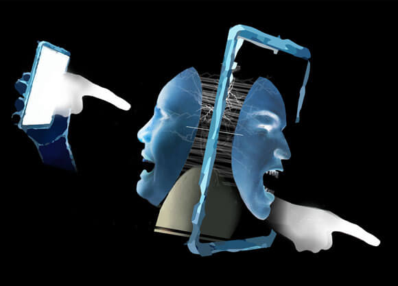 Illustration of bullying faces emerging from mobile device