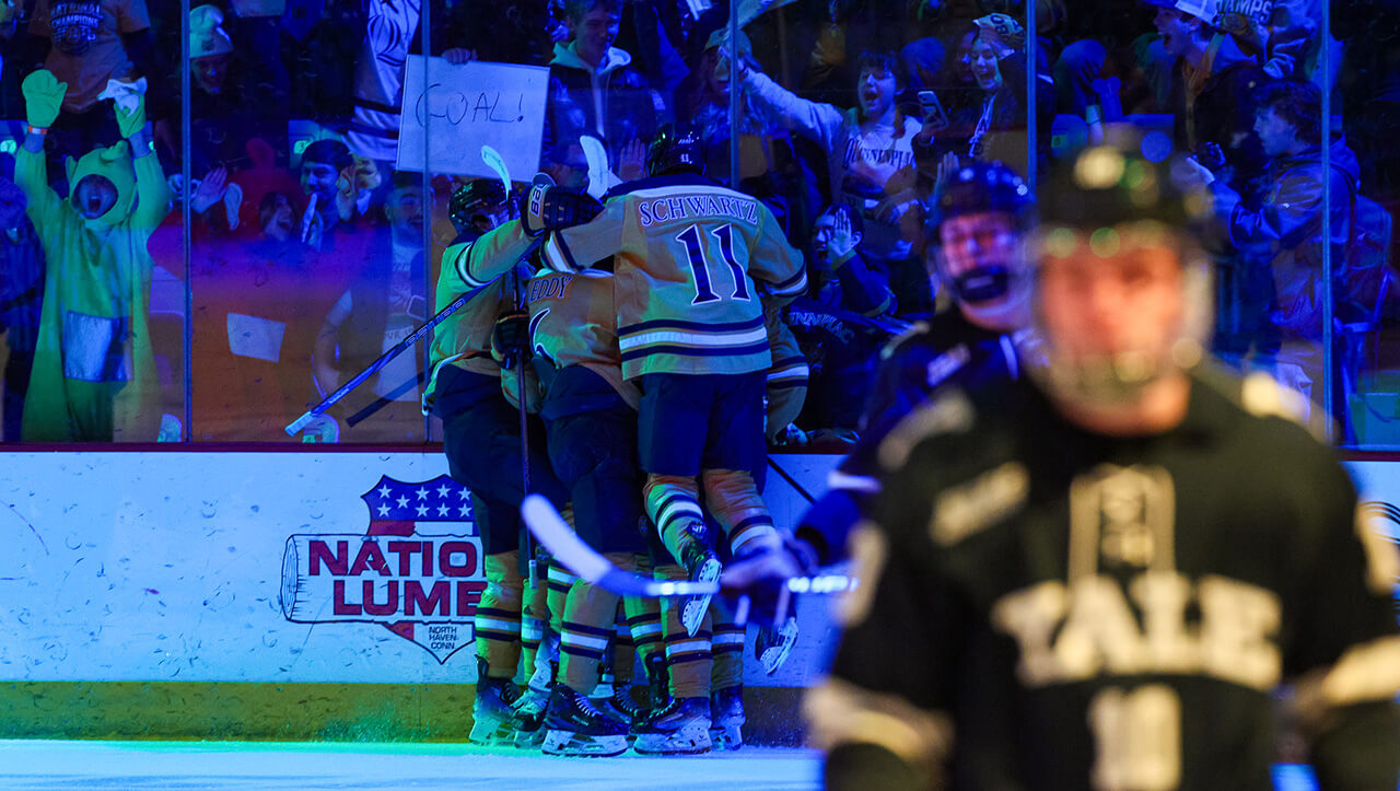 The Quinnipiac men's ice hockey team celebrates a goal.