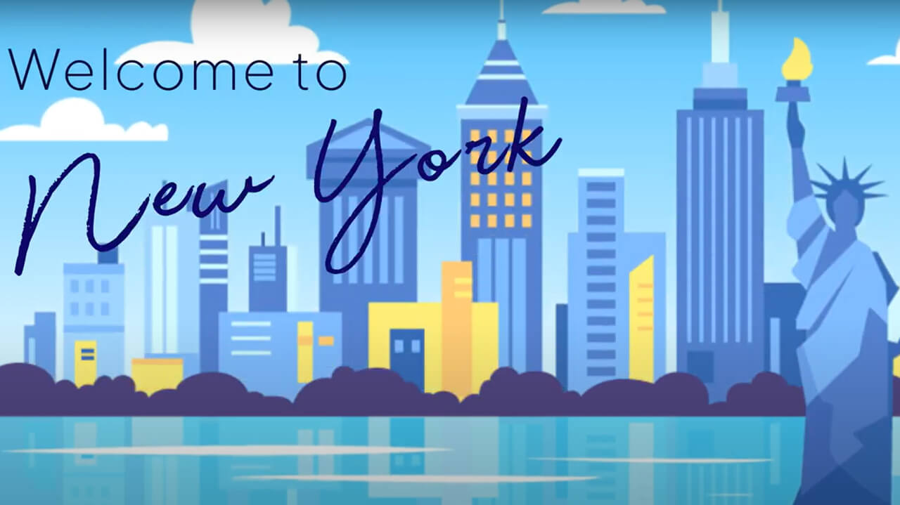 Graphic that says "Welcome to New York" with a cartoon NYC Skyline