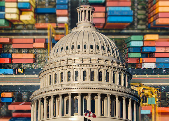 Illustration of the U.S. Capitol in front of overseas crates.