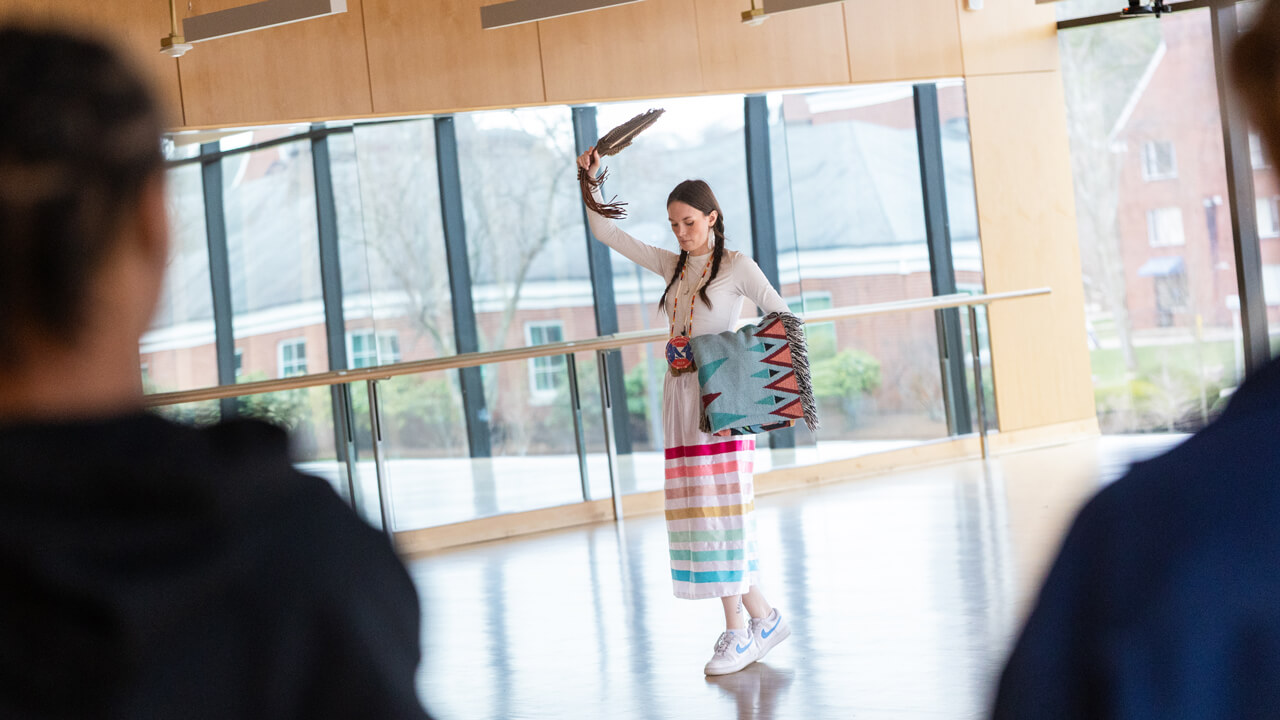 Kiara Tanta-Quidgeon, an eastern blanket dancer, demonstrating a dance