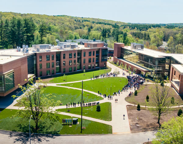 Aerial view of the South Quad with The SITE on the left and the School of Business on the right
