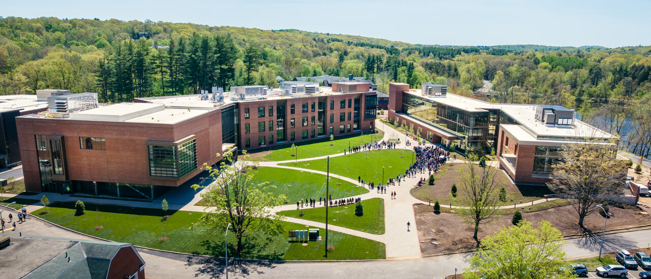 Aerial view of the South Quad with The SITE on the left and the School of Business on the right