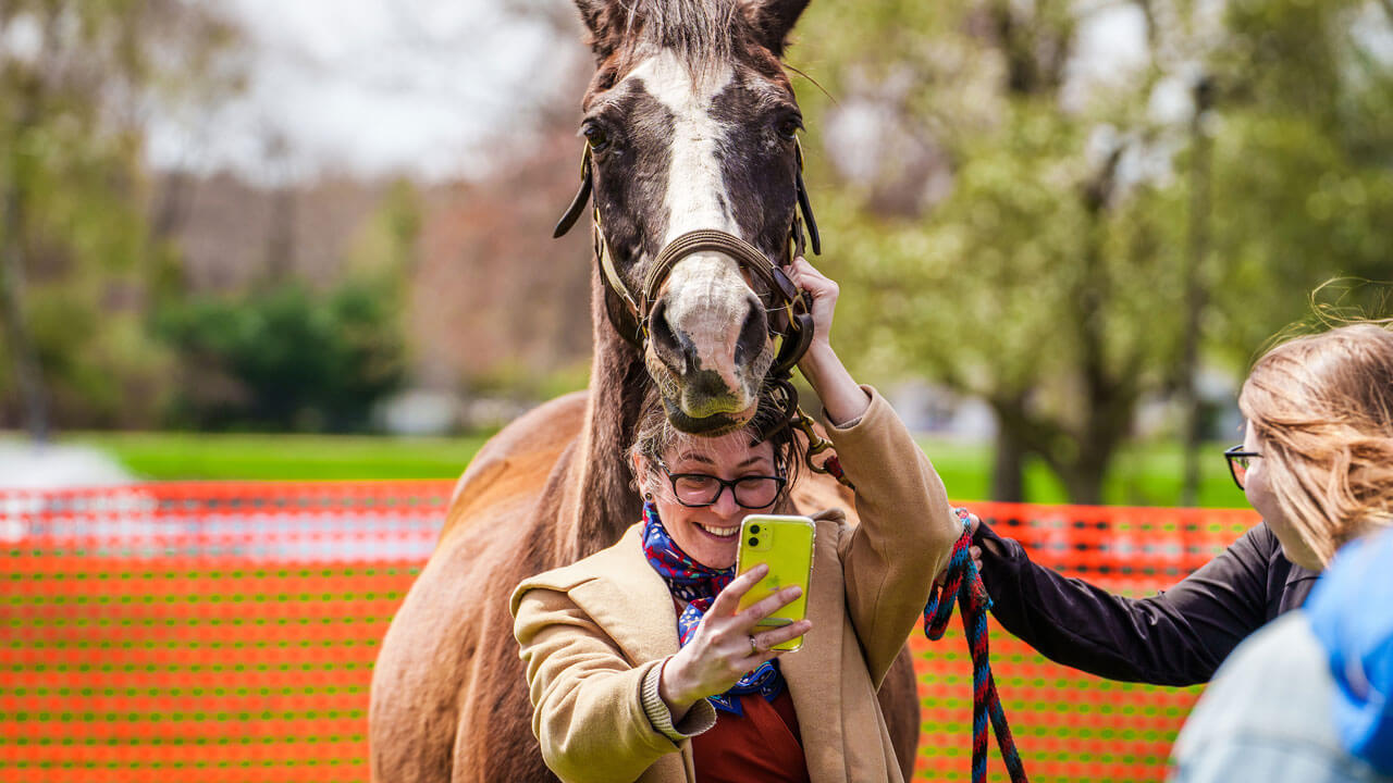 Woman takes selfie with black and white horse