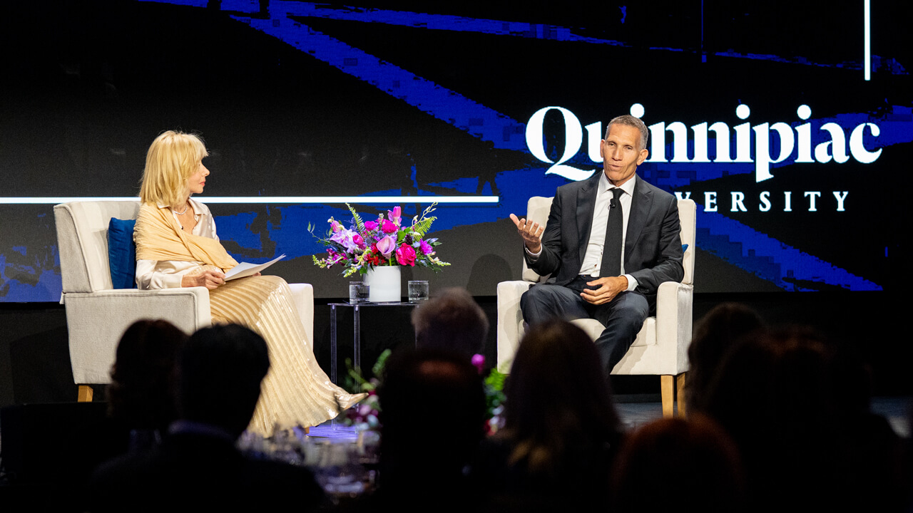 President Judy Olian sits and talks with Mattel CEO and chairman Ynon Kreiz