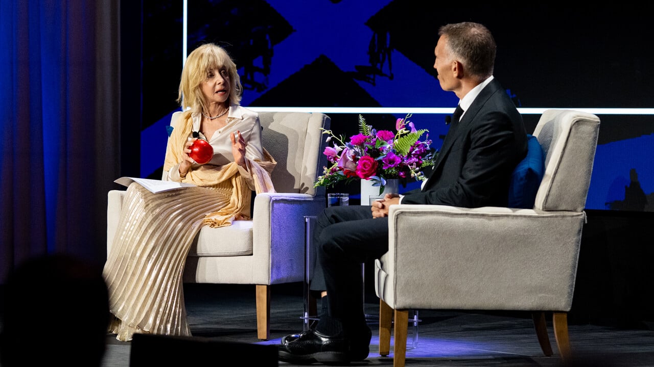 President Olian and Ynon Kreiz sit on stage speaking