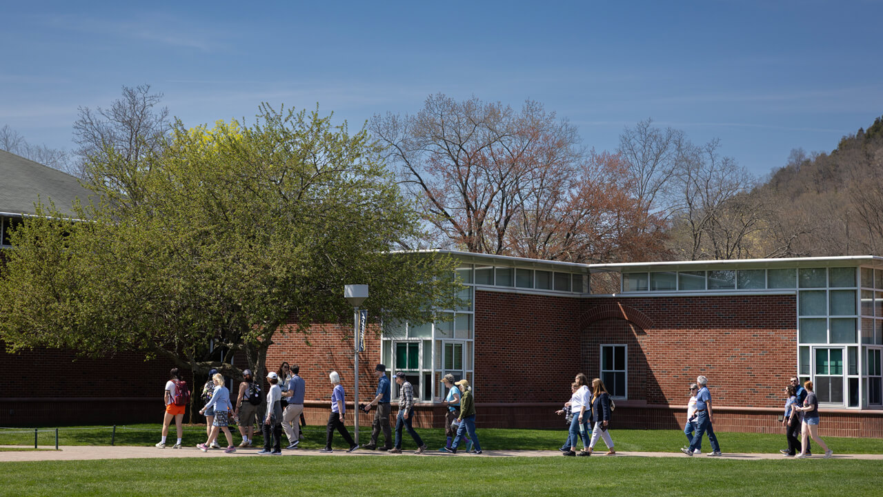 A distant view of a large group of people walking near a tree on the quad on a sunny day