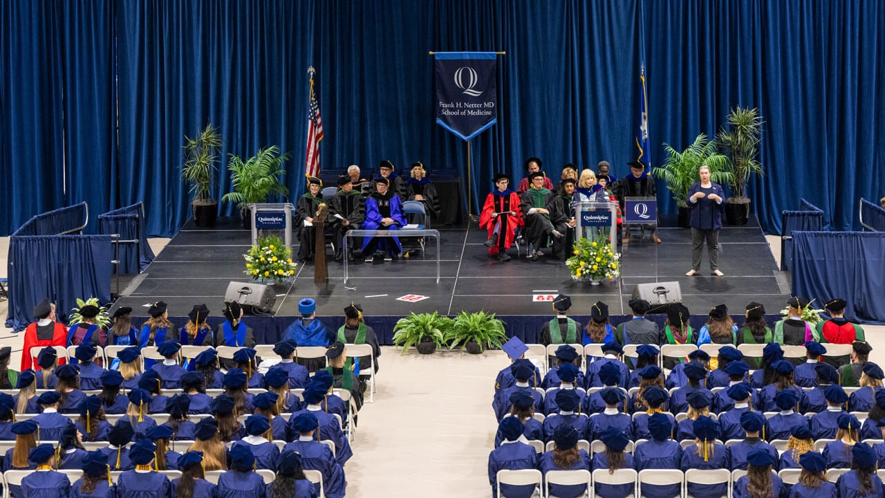 Aerial photo of the Frank H. Netter MD School of Medicine commencement ceremony.