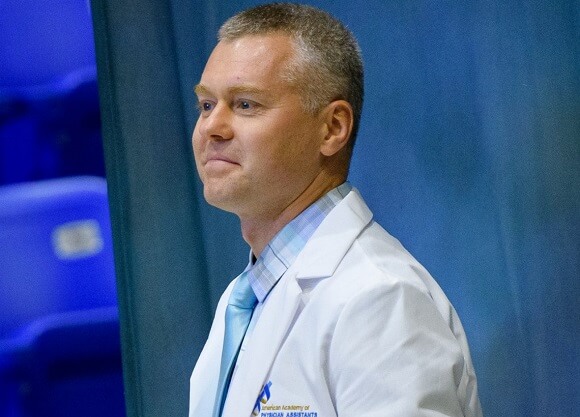 Don Dudutis MS '17 graduates from the Physician Assistant program and earns his white coat.