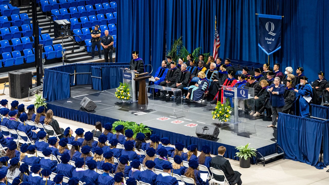 Aerial photo of the Quinnipiac Law commencement ceremony.