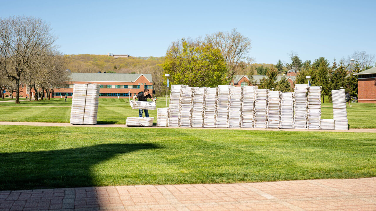 Chairs are stacked on the Quad.