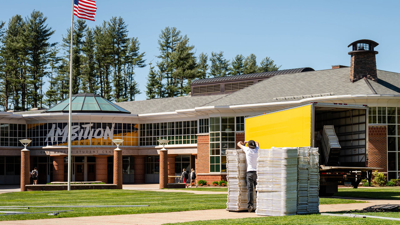 Chairs are set up on the Quad.
