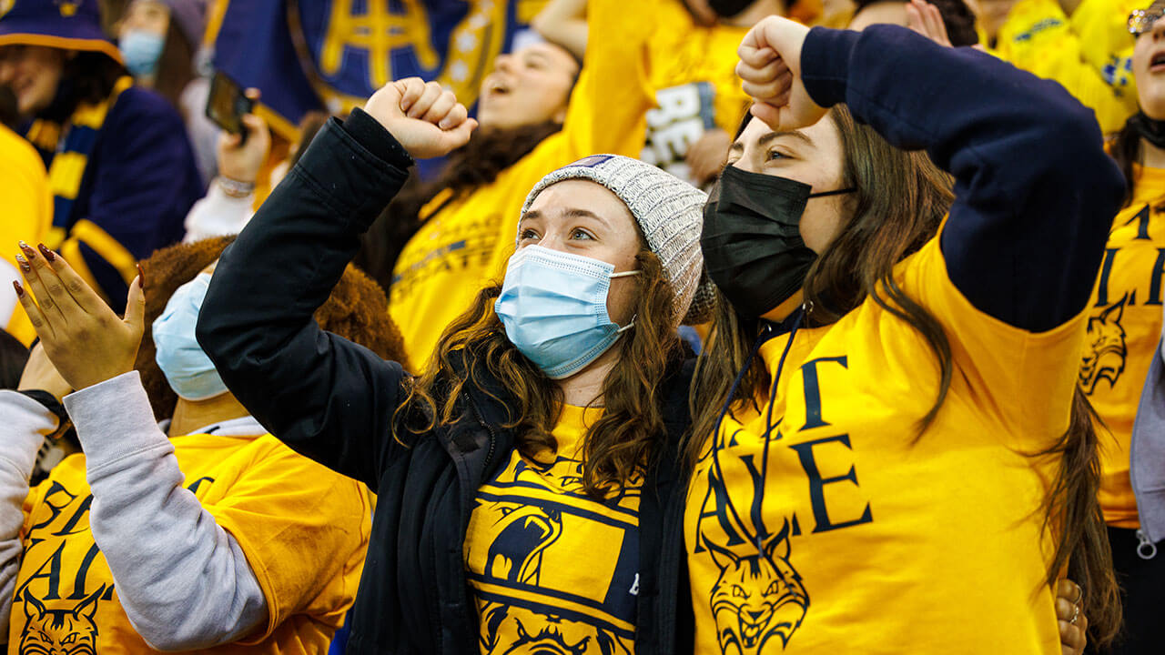 Students cheer at a hockey game against Yale