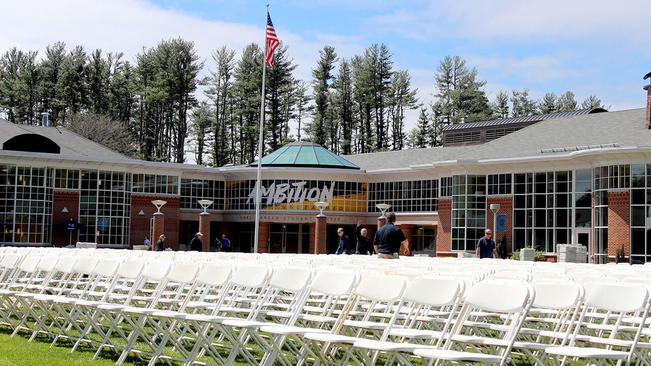 Shot of chairs on Quad for Commencement