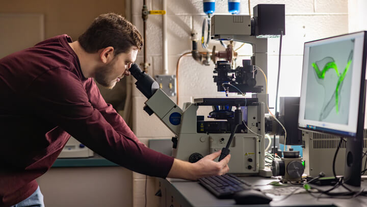 a male student looking into a microscope