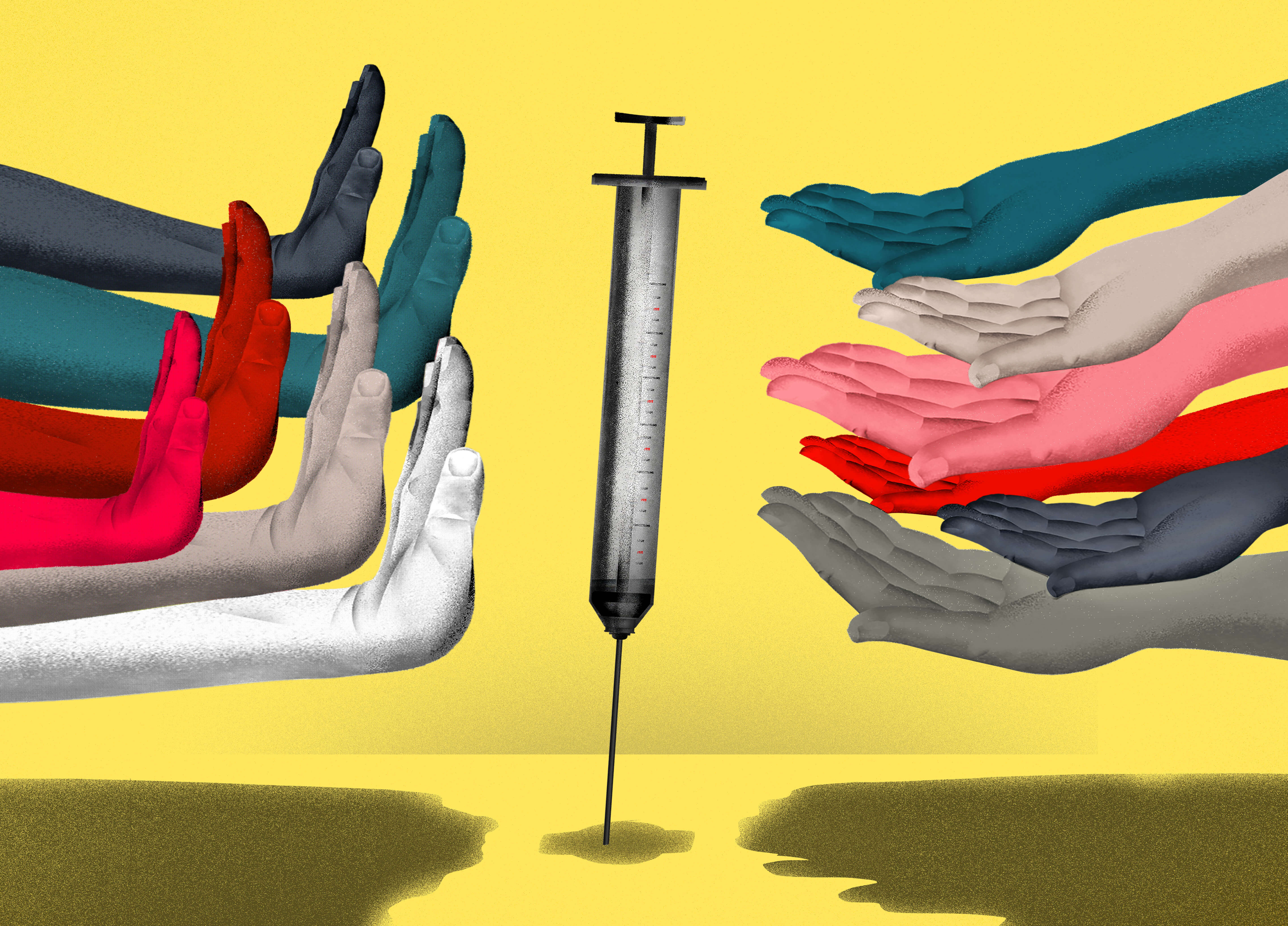 Illustration of the debate for whether to take the COVID-19 vaccine