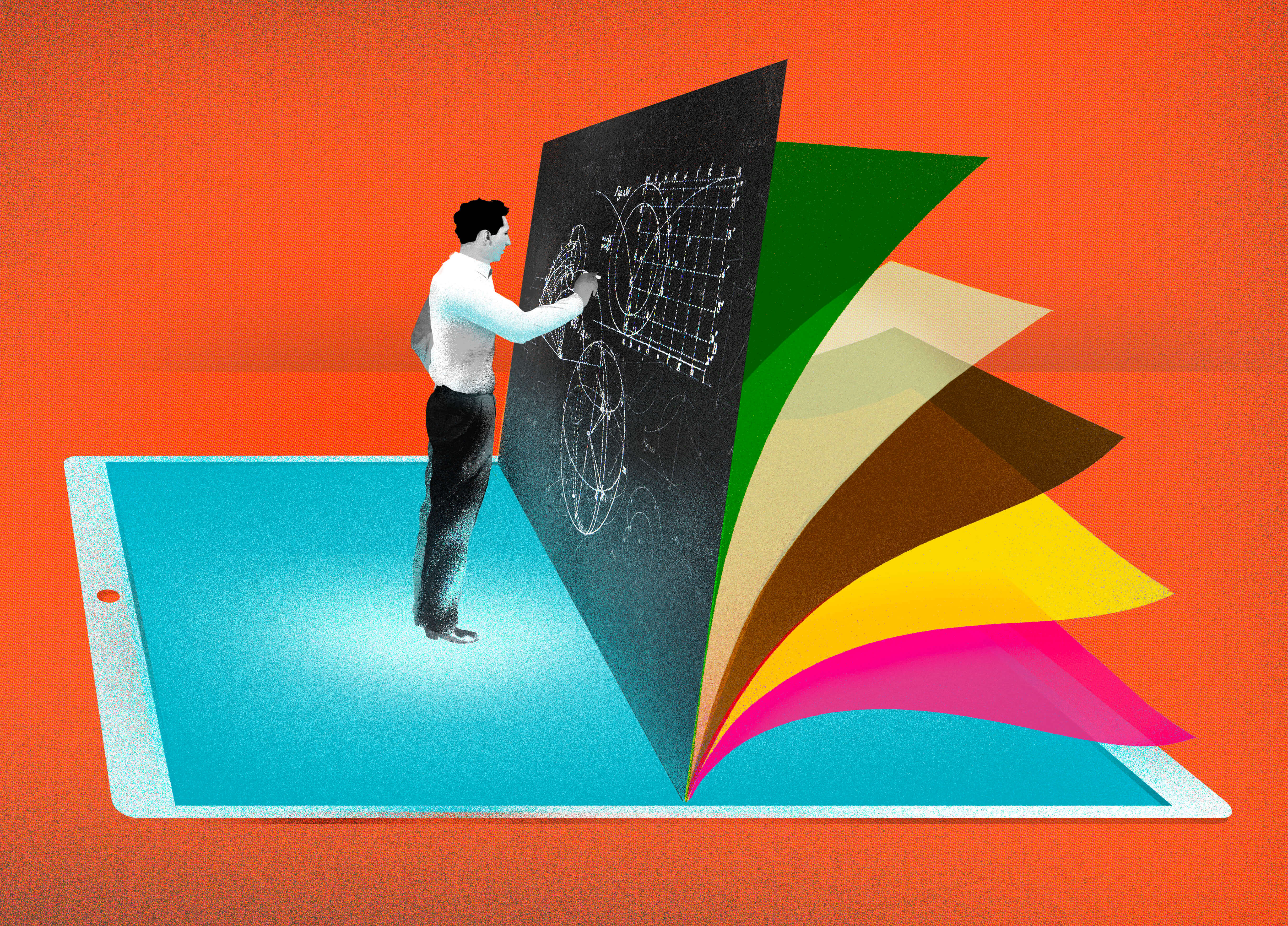 Illustration of person standing on ipad flipping through pages