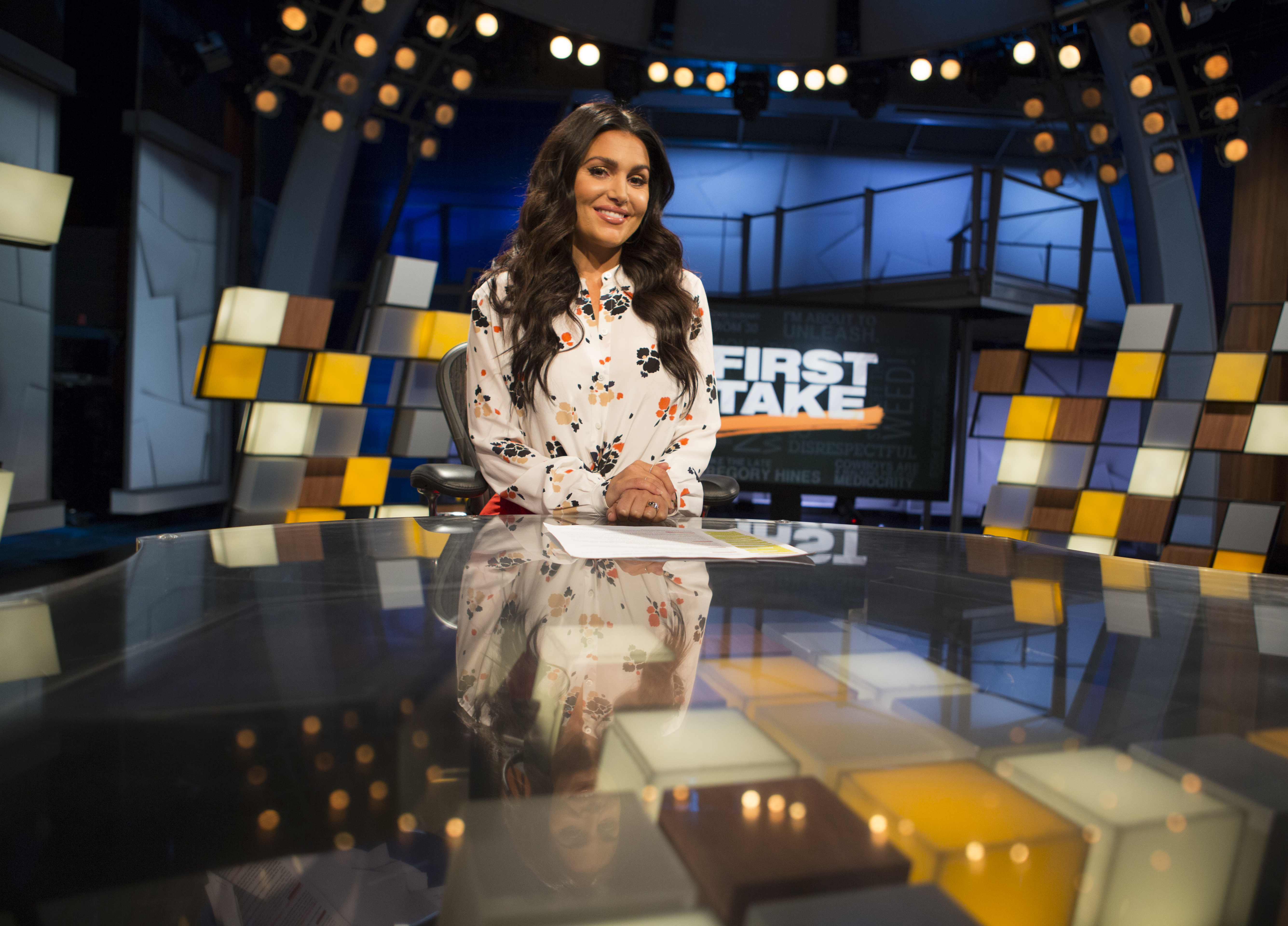 Molly Qerim, a Quinnipiac alum and host of First Take, during taping of the show at ESPN headquarters in Bristol, Connecticut
