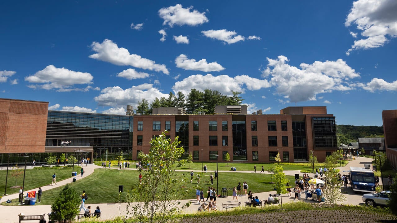 Students gathered outside on the new quad
