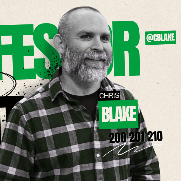 Chris Blake smiling against green lettering