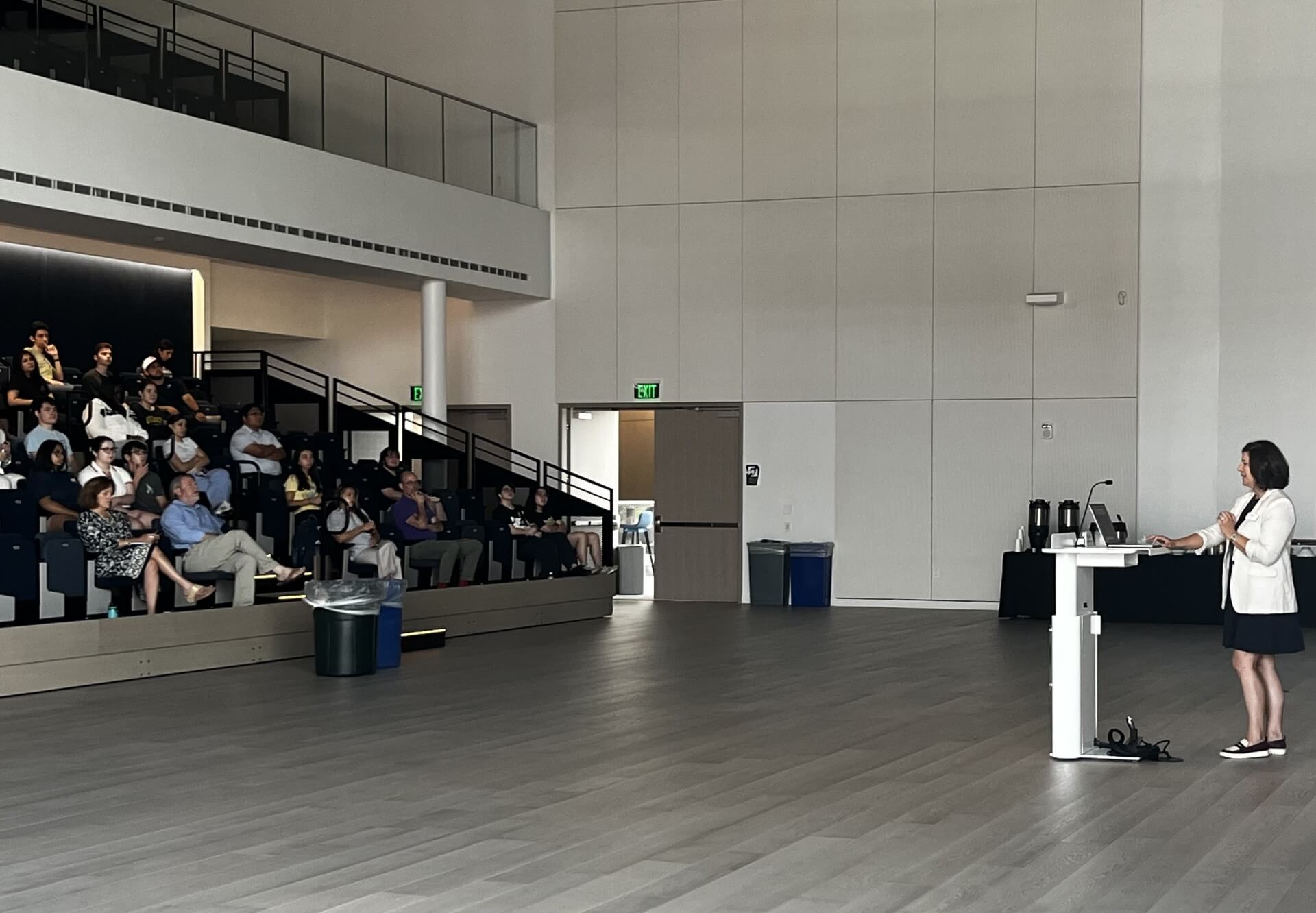 Students gather in new School of Business lecture hall during 'Listen, Meet, Mingle' event