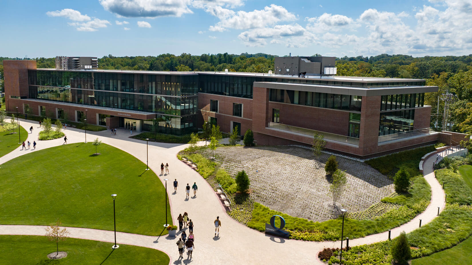 Aerial view of the new Quinnipiac School of Business on the South Quad.
