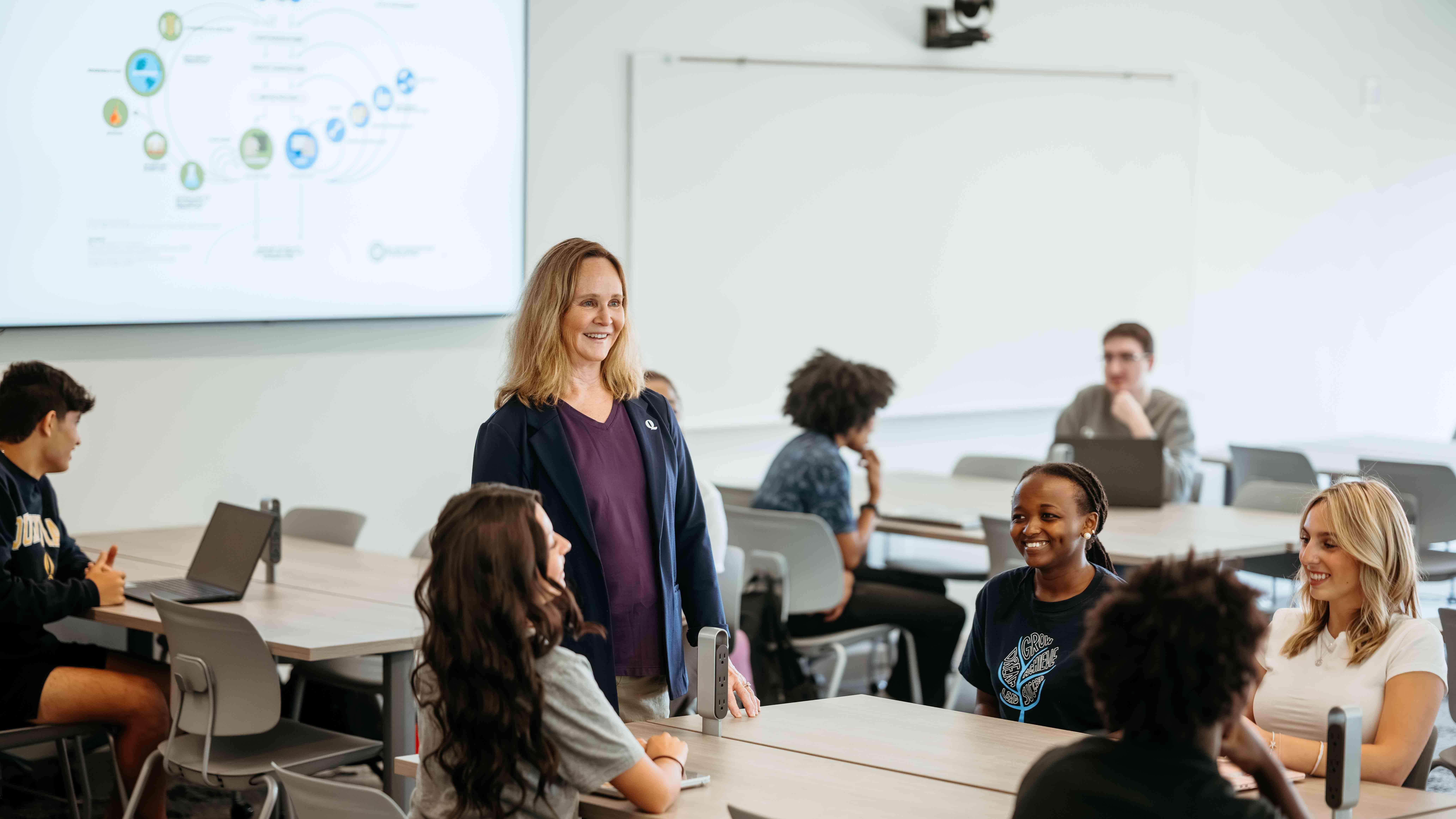 Professor Patrice Luoma works with students in a collaborative classroom in the School of Business