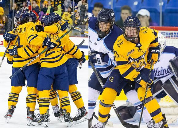 Quinnipiac men's and women's ice hockey players on the ice