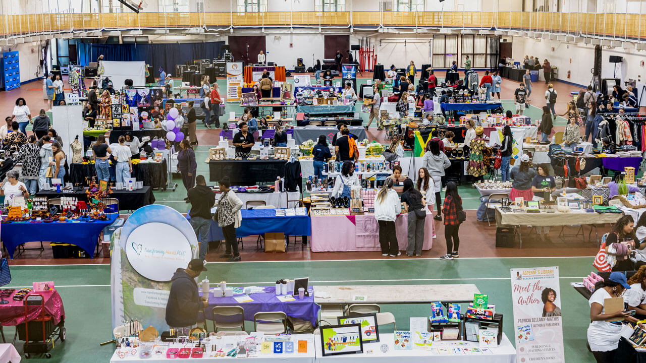 Aerial photo of the booths at the Colors of Connecticut festival in the Burt Kahn Court.