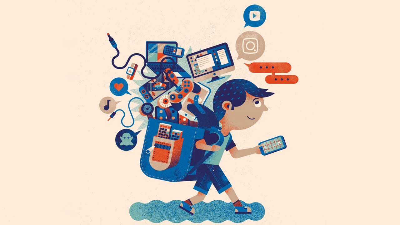 illustration of a school child surrounded by electronic devices