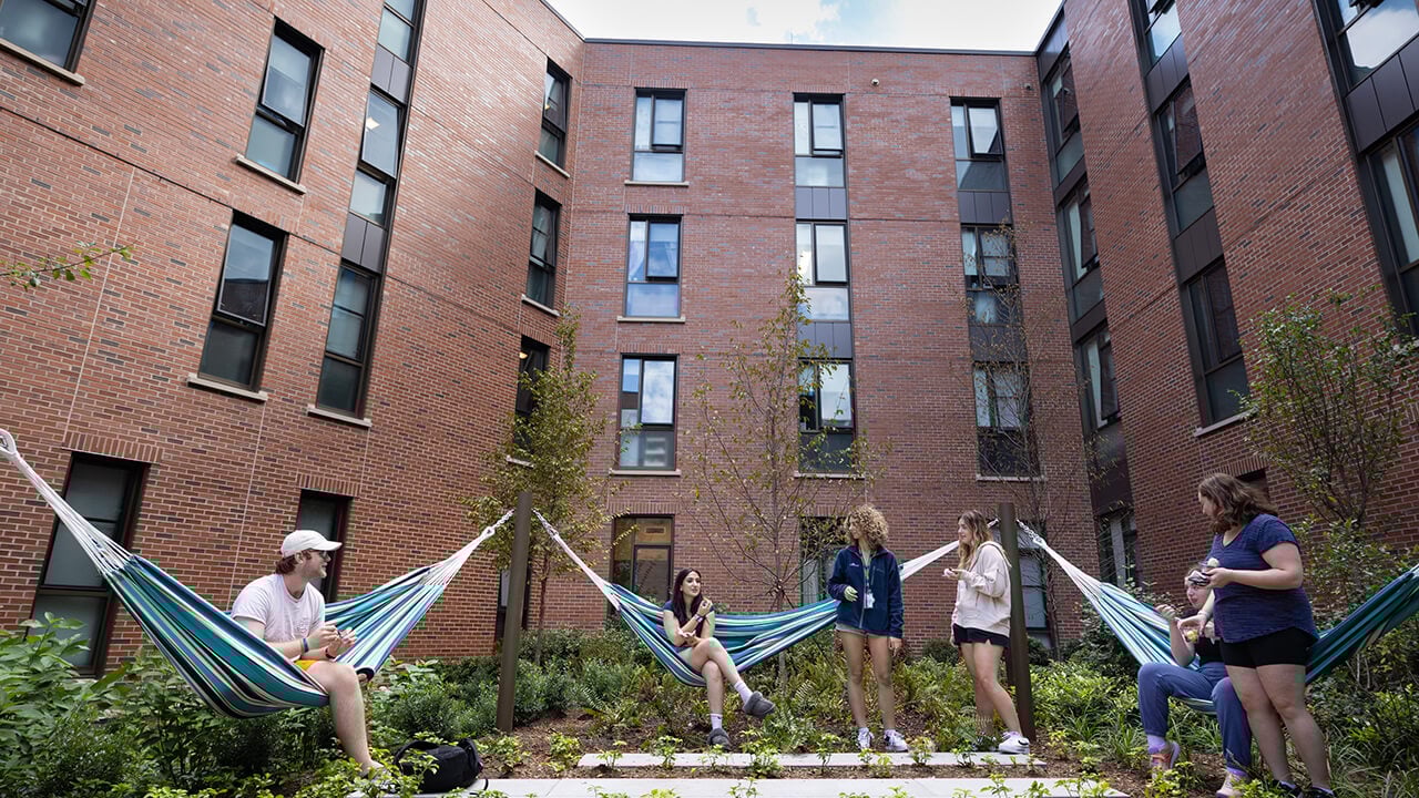Students sit in hammocks in the rain garden at the grove.