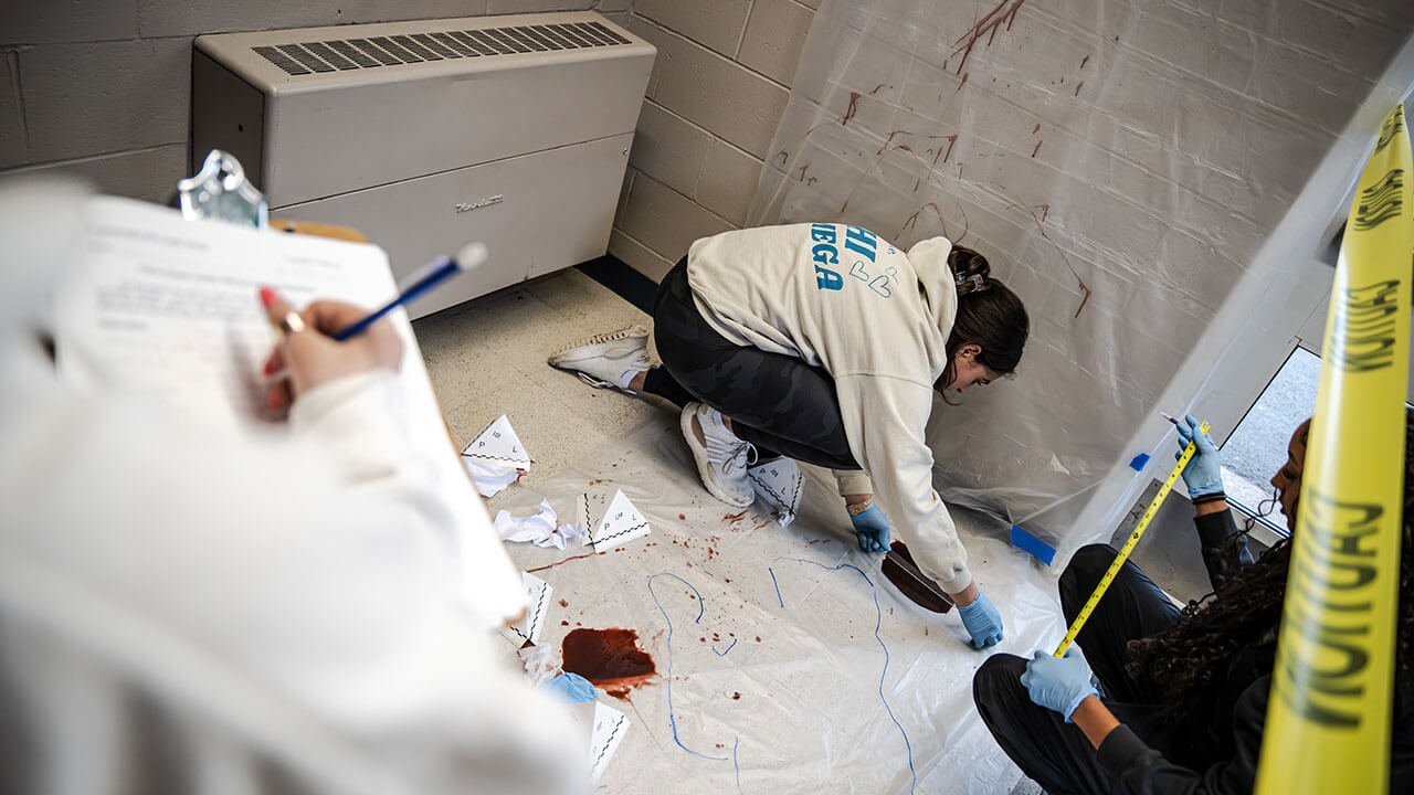 Professor Lisa Kaplan organizes a crime scene exercise for students pursuing a minor in forensic science.