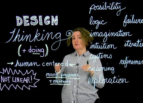 Woman standing in front of chalkboard filled with words