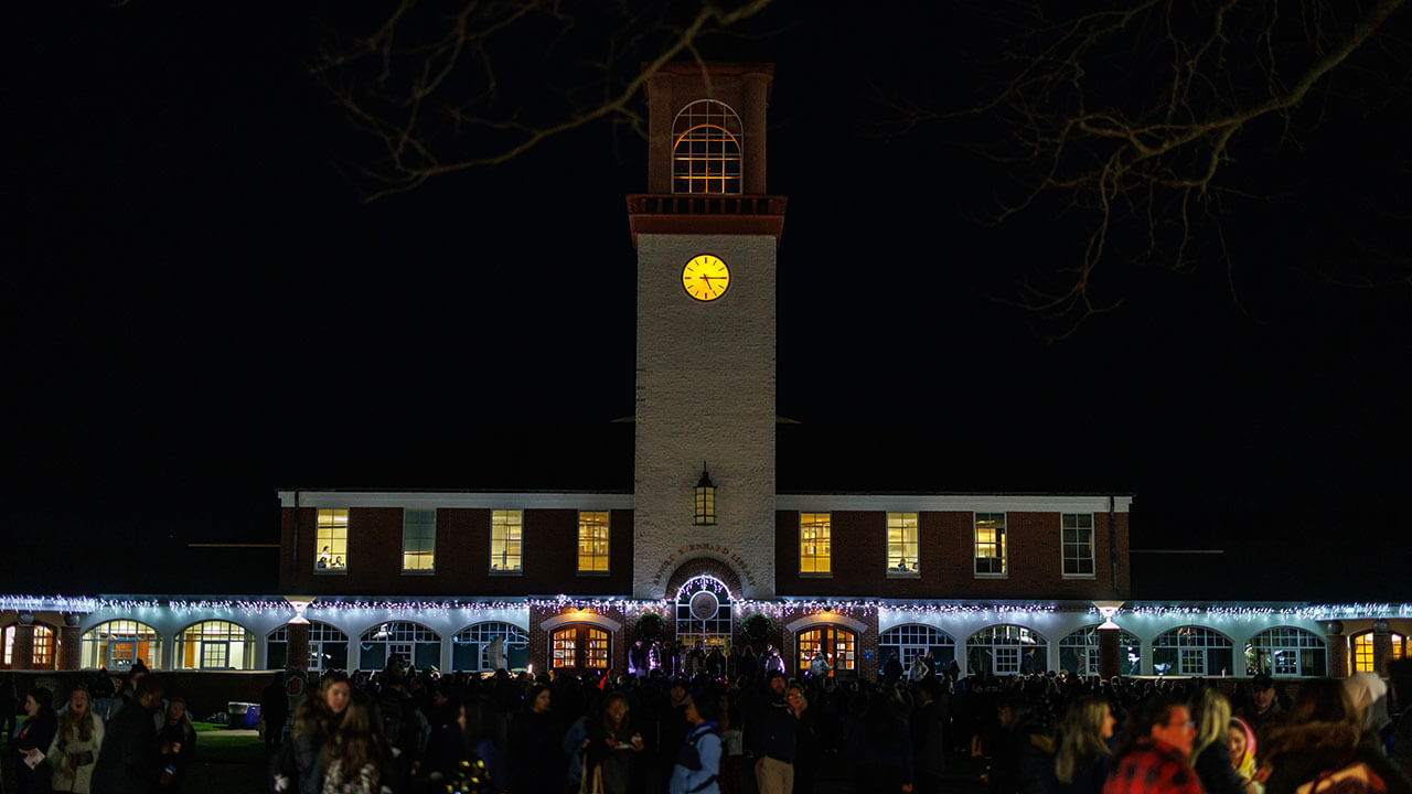 Overview of the Quad covered with holiday  lights
